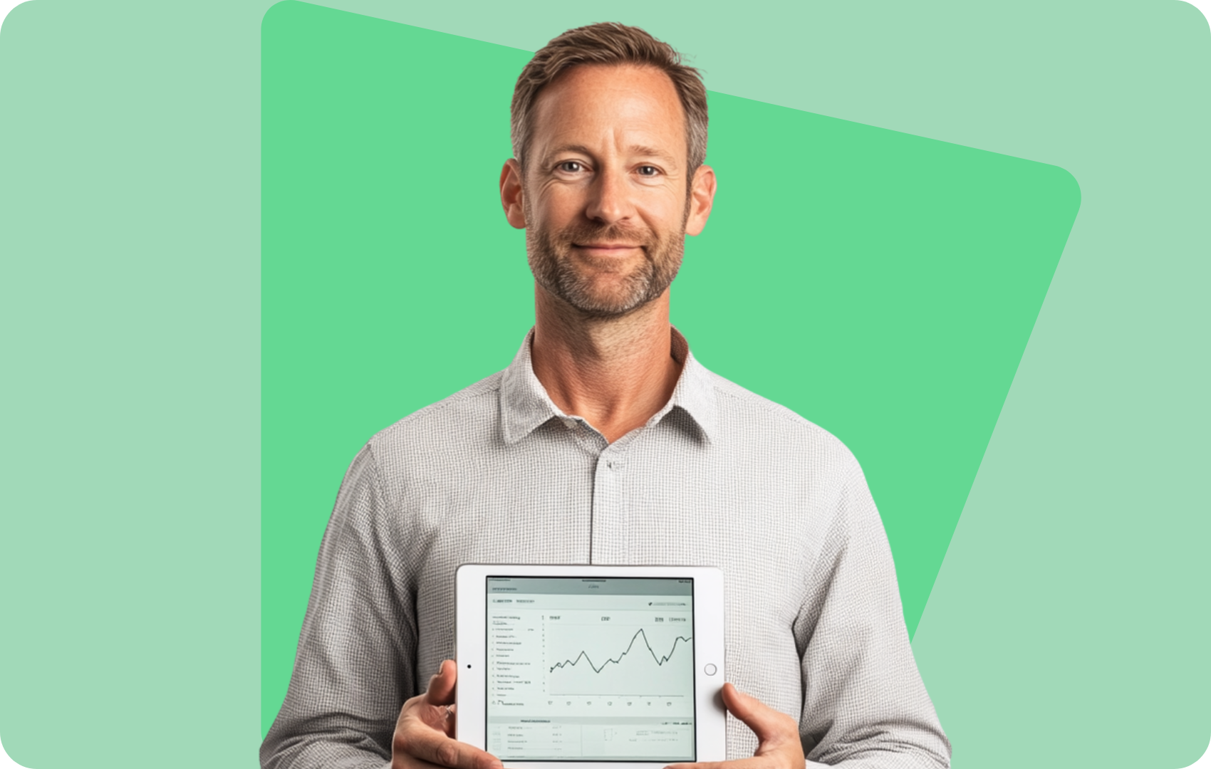 Man holding a tablet displaying a financial graph, standing in front of a green abstract background.