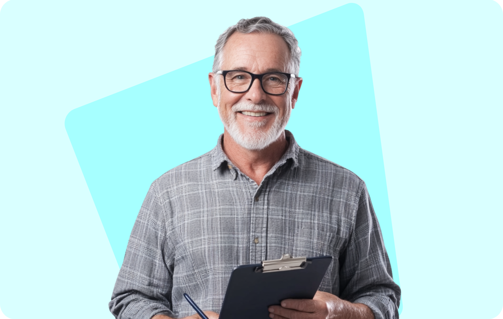 Older man smiling while holding a clipboard, standing in front of a blue abstract background.