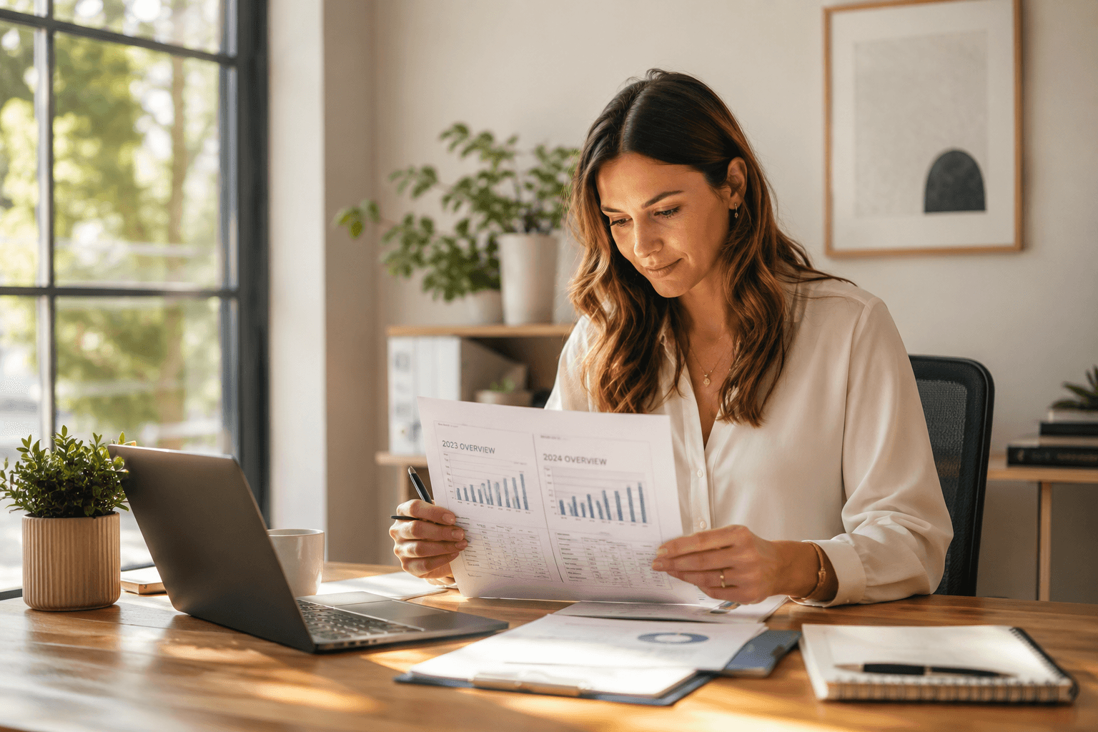 Bookkeeper reviewing salary data at a tidy desk with natural light, representing FY26/27 wage benchmarks for Australian bookkeepers